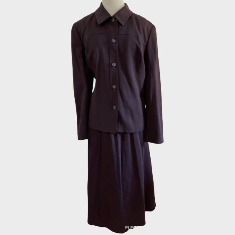 Talbots Petite Womens Wool Jacket Top Skirt Suit 14P Dark Purple Solid 2pc Set